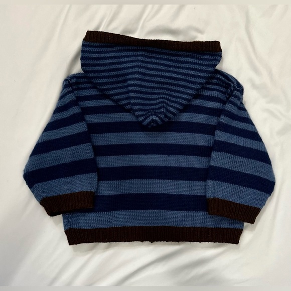 Hand-knit blue striped zip-up hooded sweater - Picture 6 of 7